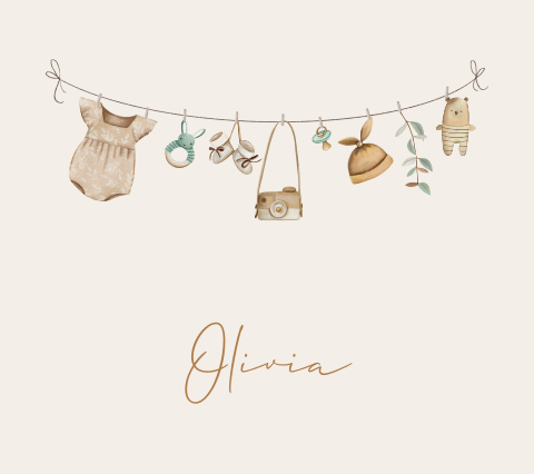 Geboortekaartje voor een meisje met lieve baby items aan een waslijn